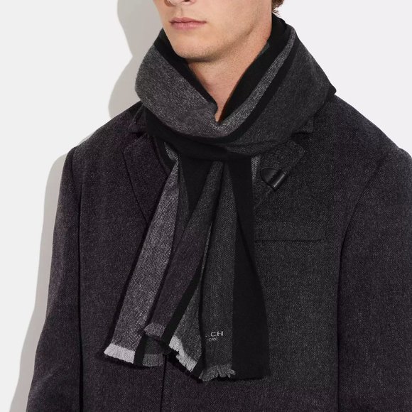 NWT COACH CASHMERE Black/Charcoal Stripe Varsity Sport Muffler F76059 - Picture 2 of 6